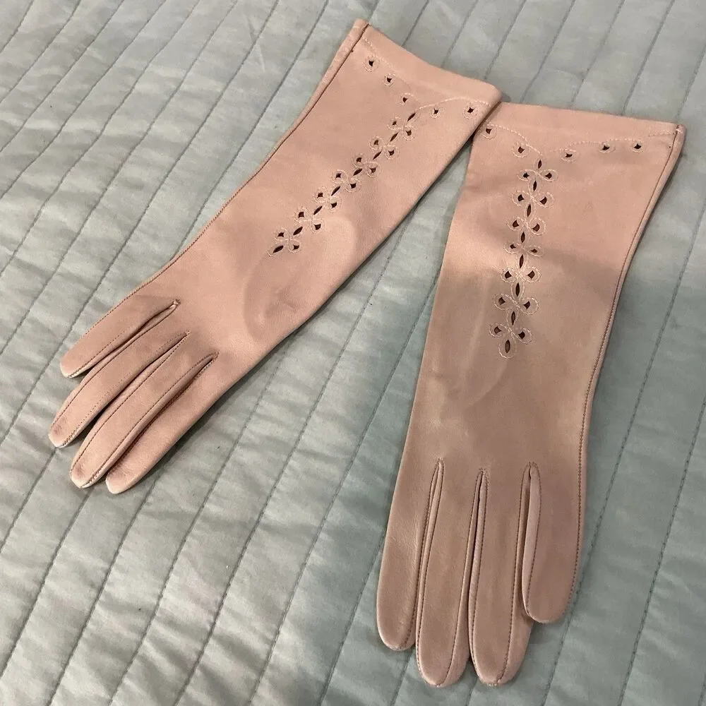 Vintage Ladies Long Ivory Leather Opera Gloves Eyelet Cutwork Size 6 Pair